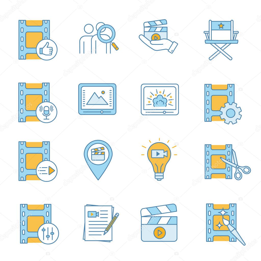 Film industry color icons set. Video production. Cinematography. Video editing, script writing, sound recording, casting. Isolated vector illustrations