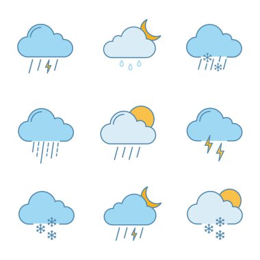 Hava tahmini renk simgeler kümesi. Fırtına, çiseleyen yağmur yağmur, karla karışık yağmur, şiddetli yağmur, dağınık duş, gök gürültüsü, hafif kar, gece fırtına, dağınık kar. İzole vektör çizimler