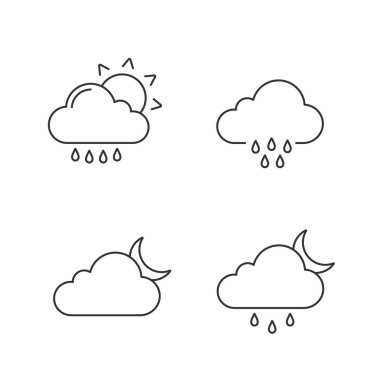 Hava tahmini doğrusal Icons set. Güneş, hava yağmurlu, bulutlu gece, çiseleyen yağmur ve dağınık duş ile yağmur. İnce çizgi kontur sembolleri. İzole vektör anahat çizimler. Düzenlenebilir kontur