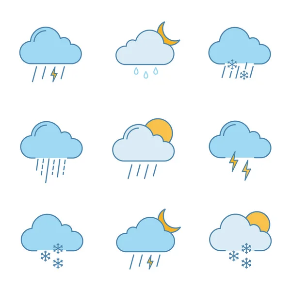 Previsioni Meteo Set Icone Colori Temporale Pioggia Gocciolante Nevischio Pioggia — Vettoriale Stock