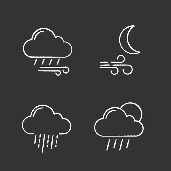 Previsioni Meteo Gesso Icone Impostate Tempo Piovoso Ventoso Vento Notte — Vettoriale Stock