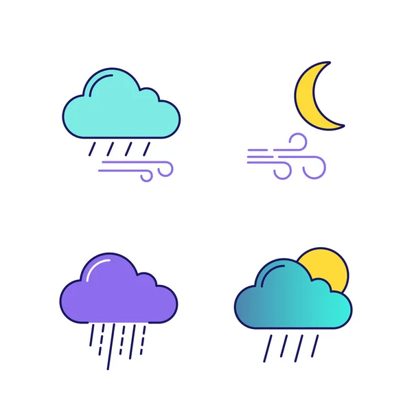 Previsioni Meteo Set Icone Colori Tempo Piovoso Ventoso Vento Notte — Vettoriale Stock