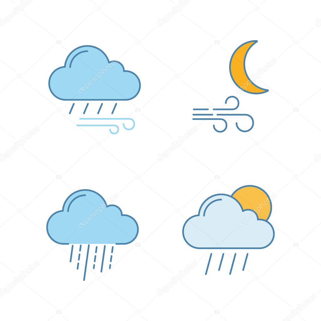 Weather forecast color icons set. Windy rainy weather, wind at night, heavy rain, scattered shower. Isolated vector illustrations