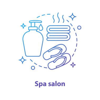 Spa salonu konsept simgesi. Vücut bakım fikir ince hat illüstrasyon. Banyo alarak aksesuarları. Havlu, sabun, terlik. Çizim vektör izole anahat