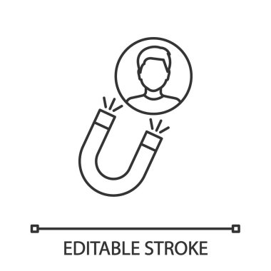 Müşteri atraksiyonlar strateji doğrusal simgesi. Müşteri tutma. İnce hat illüstrasyon. Reklam kampanyası. İnce hat illüstrasyon. Pazarlama. Kontur vektör izole anahat çizim. Düzenlenebilir kontur