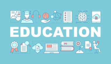 Eğitim kelime kavramları afiş. E-öğrenme. Ders çalışıyorum. Öğrenme süreci. Sunu. Eğitim programı. Bilgi sahibi. Tipografi ile doğrusal kutsal kişilerin resmi yazı izole. Vektör anahat çizim