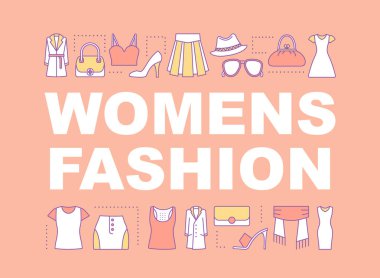 Kadın giyim kavramları afiş kelime. Giyim Mağazası. Moda. Tanıtım, Web sitesi. Tipografi fikir doğrusal simgeleri ile harfler izole. Vektör anahat çizim