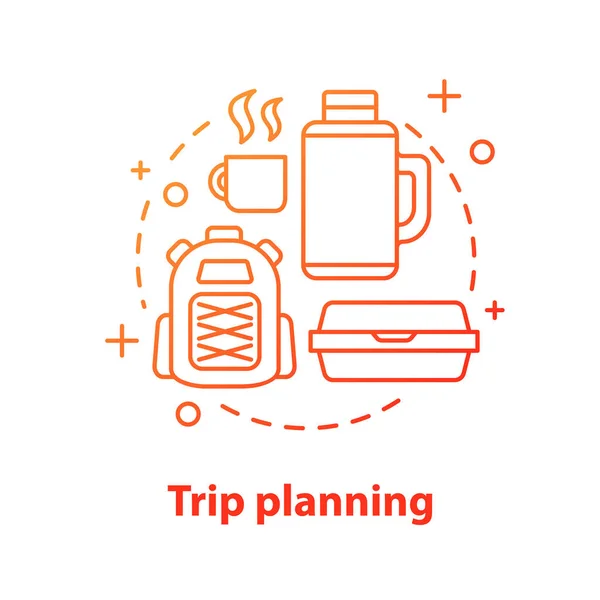 Camping concept icon. Trip planning. Picnic. Outdoor recreation idea thin line illustration. Thermos, backpack, lunch box. Vector isolated outline drawing