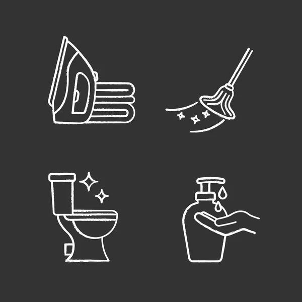 クリーニング サービス チョーク アイコン セット アイロン モップ きれいなトイレ 手の石鹸 分離ベクトル黒板のイラスト — ストックベクタ