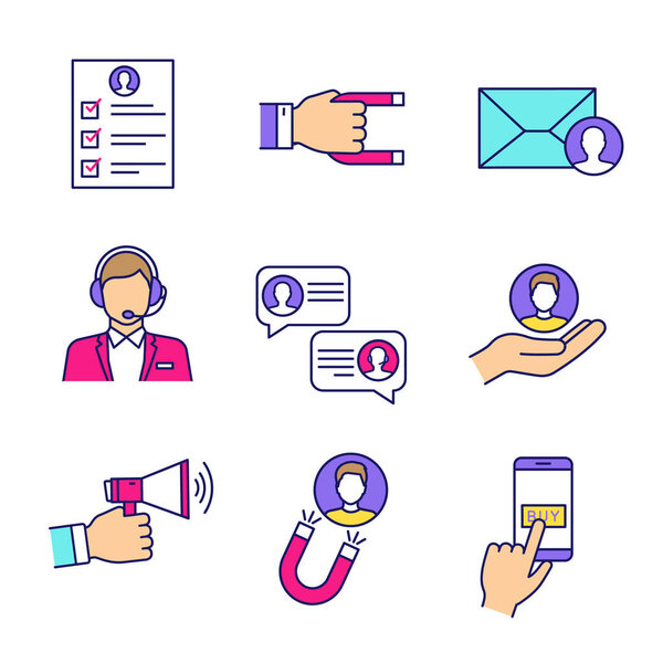 Удержание клиентов и лояльность цвета значки набор. Опрос, клиентская поддержка, таргетинг, колл-центр, чат поддержки, обслуживание клиентов, реклама, оплата за клик. Изолированные векторные иллюстрации
