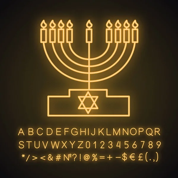 Menora Ikona Neonové Světlo Chanukové Svíčky Židovský Svátek Světel Hody — Stockový vektor