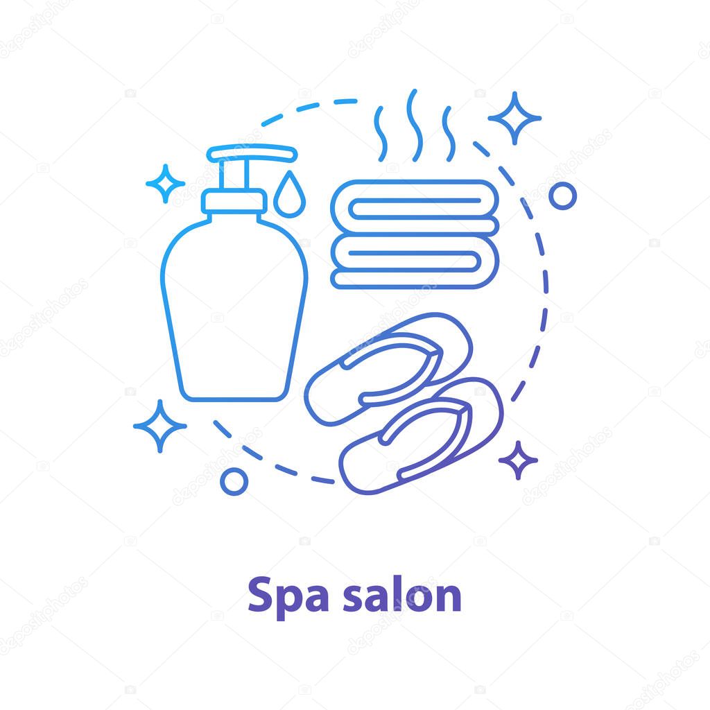 Spa salon concept icon. Body care idea thin line illustration. Bath taking accessories. Towels, soap, slippers. Vector isolated outline drawing