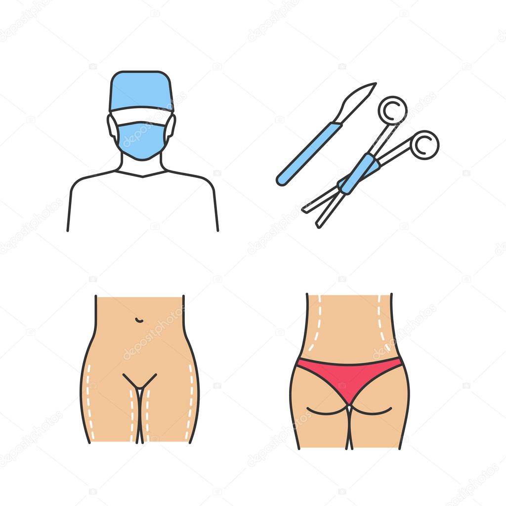 Plastic surgery color icons set. Surgeon, surgical scalpel and clamp, thigh lift, waist correction surgery. Isolated vector illustrations