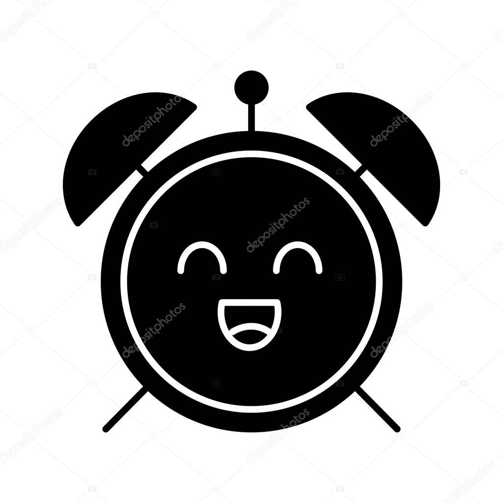 Smiling alarm clock glyph icon. Good morning. Happy morning. Emoji, emoticon. Silhouette symbol. Negative space. Vector isolated illustration