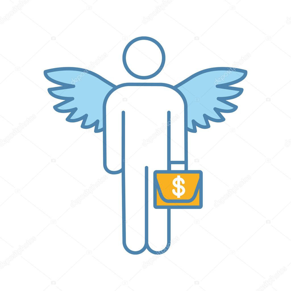 Angel investor color icon. Business angel. Informal investor. Investment. Founder. Businessman with briefcase and wings. Isolated vector illustration