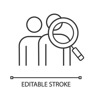 Seyirci araştırma doğrusal simgesi. Artan ziyaretçi. İnce hat illüstrasyon. İnsan kaynakları. Personel arıyor. Saatlik Büyüteç insanlarla. Kontur vektör izole anahat çizim. Düzenlenebilir kontur