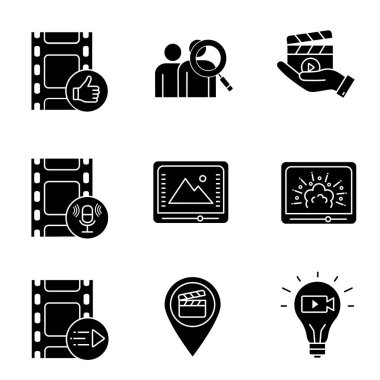 Film endüstrisi glif simgeler kümesi. Sonrası üretim, seyirci, movie yayın, ses kaydı, renk düzeltme, görsel efektler, animasyon, mekanlar, fikir. Siluet simgeler. İzole vektör çizim