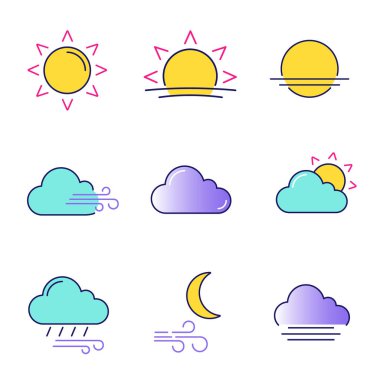 Hava tahmini renk simgeler kümesi. Güneş, gündoğumu günbatımı, Rüzgar, bulut, kısmen bulutlu hava, yağmur yağıyor, rüzgarlı gece, sis. İzole vektör çizimler