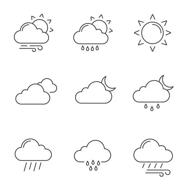 Prévisions Météorologiques Icônes Linéaires Réglées Météo Partiellement Nuageuse Venteuse Bruine — Image vectorielle