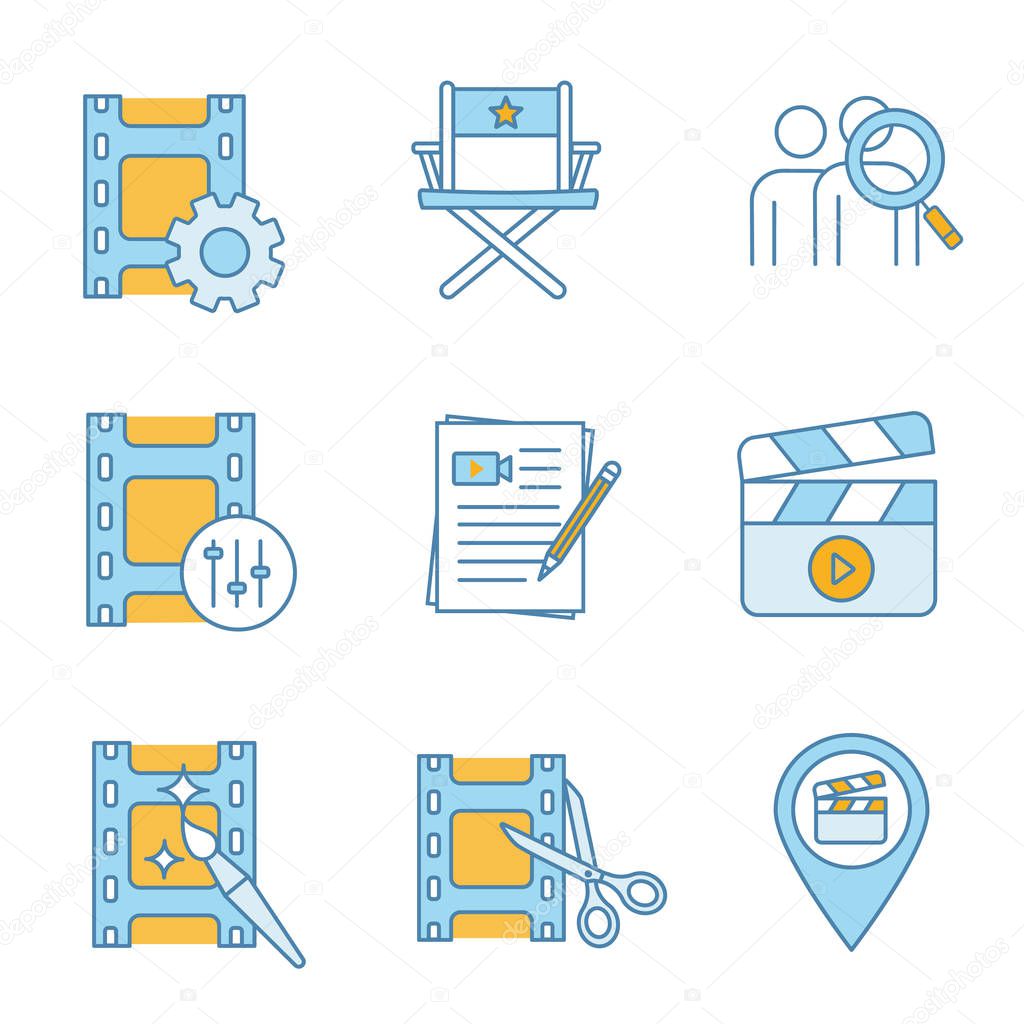 Film industry color icons set. Isolated vector illustrations
