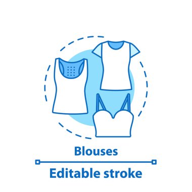 Bluz kavramı simge. T-shirtler ve tops. Yaz kıyafeti. Rahat tarzı. Kadın kıyafetleri fikir ince hat illüstrasyon. İzole anahat çizim vektör. Düzenlenebilir kontur