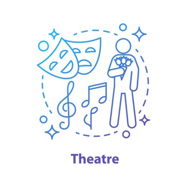 Tiyatro kavramı simge. İlk fikir ince hat illüstrasyon tarih. Klasik müzik konseri. Çiçek buketi olan adam. Çizim vektör izole anahat