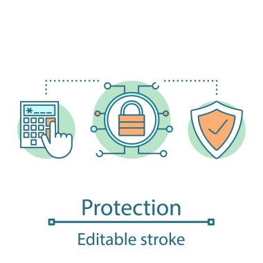 Veri koruma kavramı simgesi. Veri şifreleme. Cybersecurity fikir ince hat illüstrasyon. Parola. Güvenlik sistemi. İzole anahat çizim vektör. Düzenlenebilir kontur