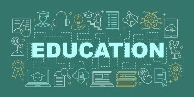 Eğitim kelime kavramları afiş. E-öğrenme. Ders çalışıyorum. Öğrenme süreci. Sunu. Eğitim programı. Bilgi sahibi. Tipografi ile doğrusal kutsal kişilerin resmi yazı izole. Vektör anahat çizim