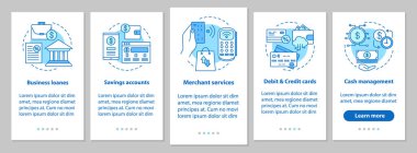 Bankacılık Hizmetleri onboarding mobil uygulaması sayfa ekran doğrusal kavramları ile. Finansal Yönetim izlenecek yol grafik adımları. Kredi kartları ve tasarruf. UX, UI, GUI vektör şablon resimler