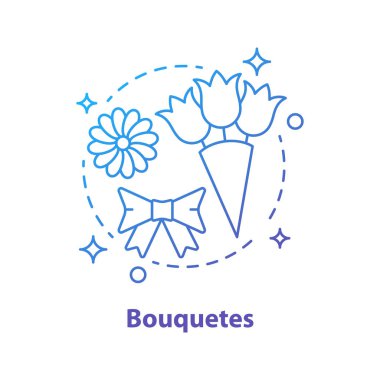 Buketler kavramı simge. Çiçekler. Tatil hediyesi fikir ince hat illüstrasyon. Papatya, yay, demet lale. Çizim vektör izole anahat