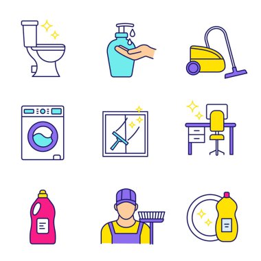 Temizlik hizmeti renk simgelerini ayarlayın. Sıvı sabun, elektrikli süpürge, çamaşır makinesi, derli toplu tablo, deterjan, süpürmek, dishwash, tuvalet ve temizlik windows. İzole vektör çizimler