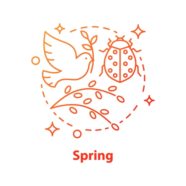 Spring season concept icon. Nature idea thin line illustration. Environment. Willow tree branch, ladybug, dove. Vector isolated outline drawing