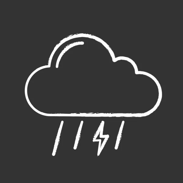 Thunderstorm chalk icon. Thundery showers. Stormy. Rain with lightning. Rainy weather. Rain, cloud and lightning bolt. Weather forecast. Isolated vector chalkboard illustration