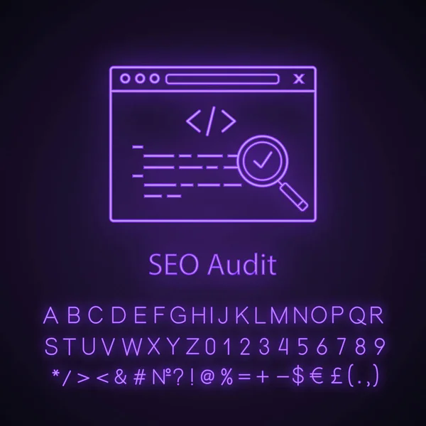 Seo Audit Neonové Světlo Ikona Hledat Optimalizace Vlastní Kódování Analýza — Stockový vektor