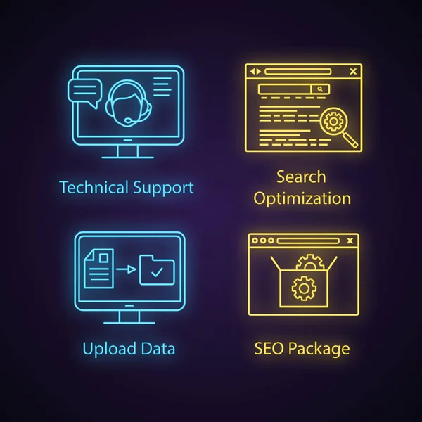 Ensemble Icônes Lumineuses Néon Seo Support Technique Optimisation Recherche Téléchargement — Image vectorielle