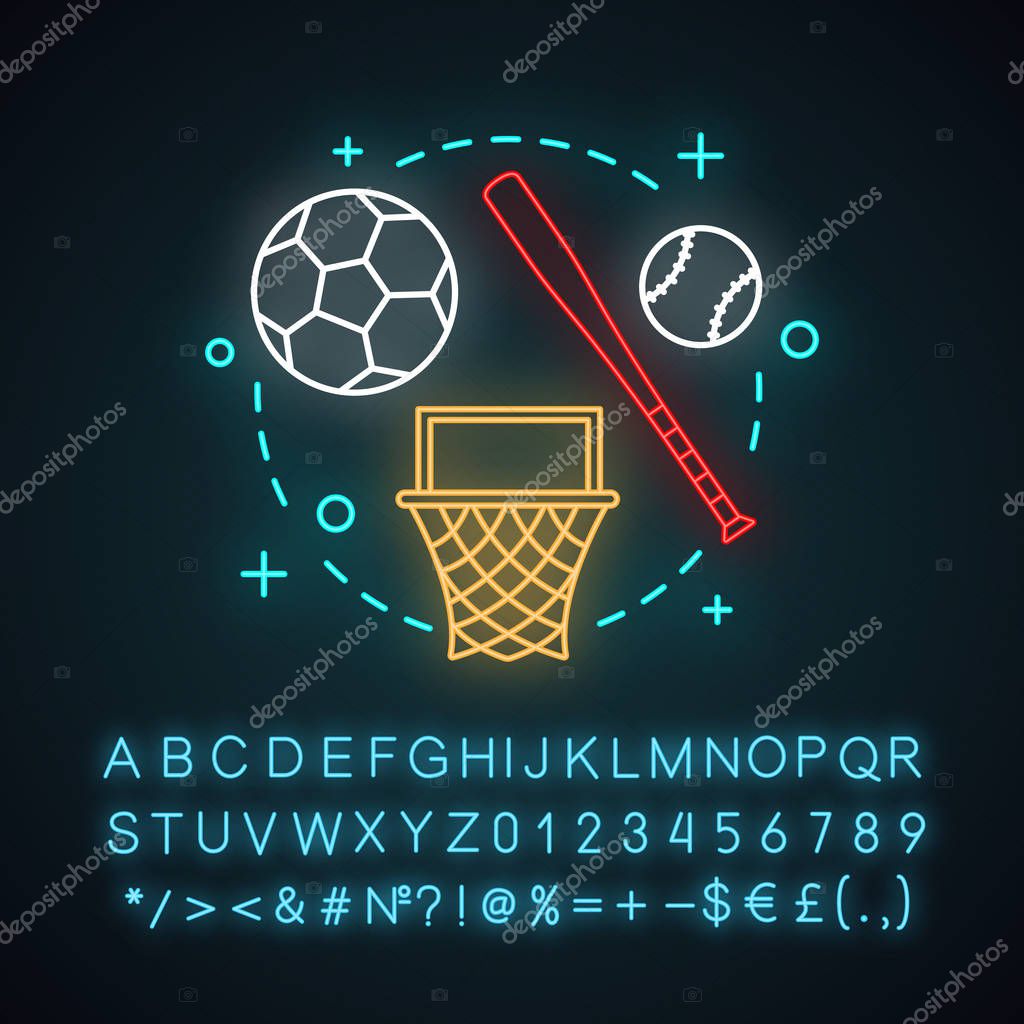 Afterschool activities neon light concept icon. Out of school idea. Kids leisure. Basketball, baseball, football. Outdoor recreation and sports. Glowing alphabet, numbers. Vector isolated illustration