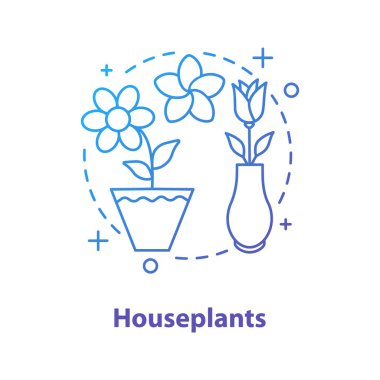 Houseplants kavramı simge. Çiçekler fikir ince hat illüstrasyon. Gül vazo, plumeria, saksıyı Iridaceae. Çizim vektör izole anahat