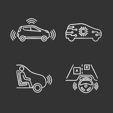 Özerk araba tebeşir Icons set. Sensörler, AI otomatik, tam otomasyon otomobil, özerk araba izleme nesnelerini. İzole vektör kara tahta çizimler