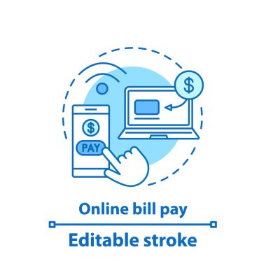 Online fatura ödeme kavramı simge. Internet alışveriş. Tıklama başına ödeme. Internet bankacılığı. Dijital satın alma fikri ince hat illüstrasyon. E-ödeme sistemi. İzole anahat çizim vektör. Düzenlenebilir kontur