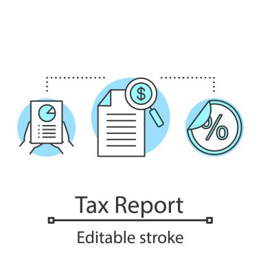 Vergi rapor kavramı simgesi. Fikir ince hat illüstrasyon analiz borsa. İş planlaması. Bağış toplama. Finansman ve finansman. İzole anahat çizim vektör. Düzenlenebilir kontur