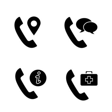 Telefon hizmetleri glif simgeler kümesi. İzleme, konuşma, InfoCenter, Doktor randevu diyoruz. Siluet simgeler. İzole vektör çizim