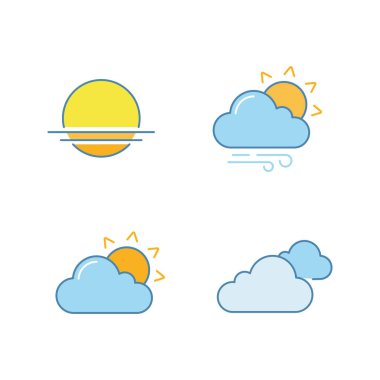 Hava tahmini renk simgeler kümesi. Sunrise, sunset, kısmen bulutlu ve rüzgarlı hava, bulutlar. İzole vektör çizimler