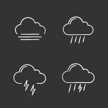 Hava tahmini tebeşir Icons set. Sonbahar. Sis, yağışlı hava, gök gürültüsü, fırtına. İzole vektör kara tahta çizimler
