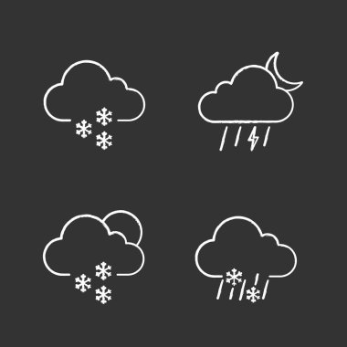 Hava tahmini tebeşir Icons set. Hafif Dondurucu, gece fırtına, kar, karla karışık yağmur hava dağılmış. İzole vektör kara tahta çizimler