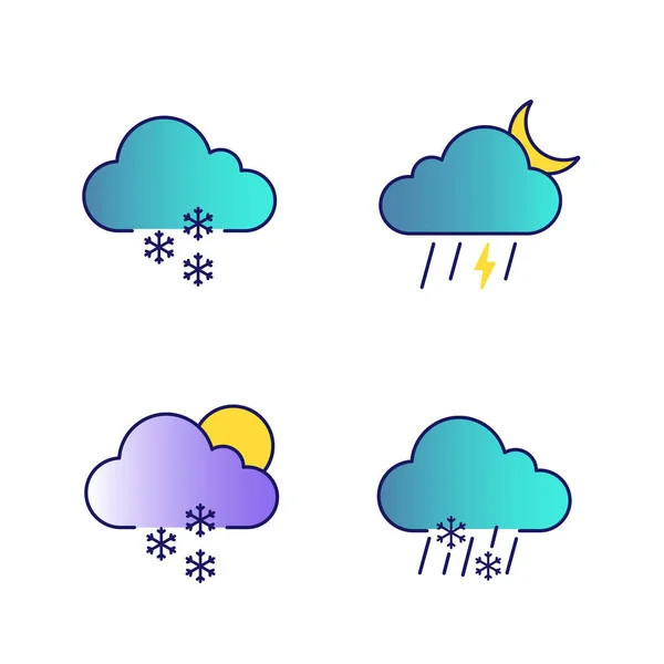 Předpověď Počasí Barevné Ikony Set Sníh Noční Bouřky Roztroušených Sněhu — Stockový vektor