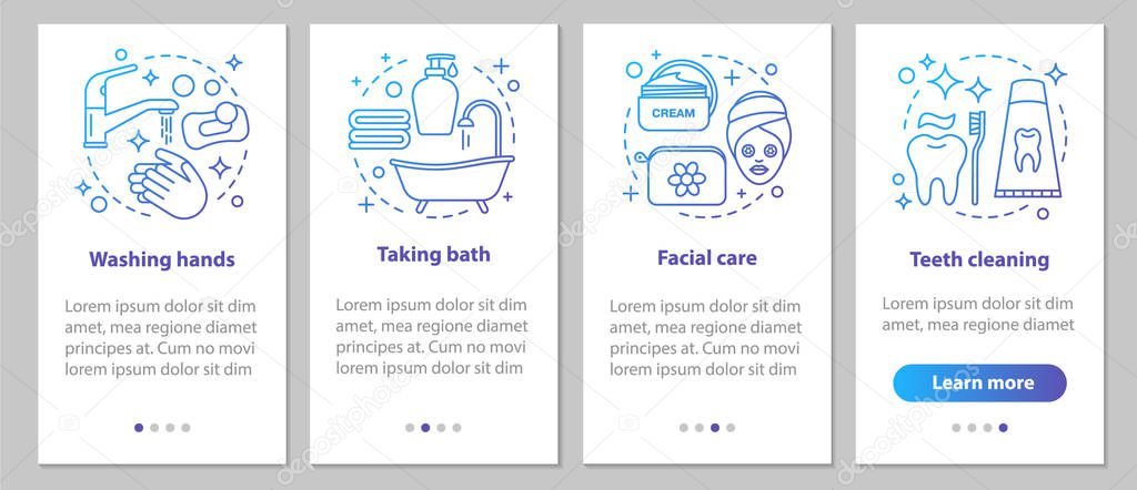Hygiene onboarding mobile app page screen with linear concepts. Washing hands, teeth cleaning, taking bath, facial care steps graphic instructions. UX, UI, GUI vector template with illustrations