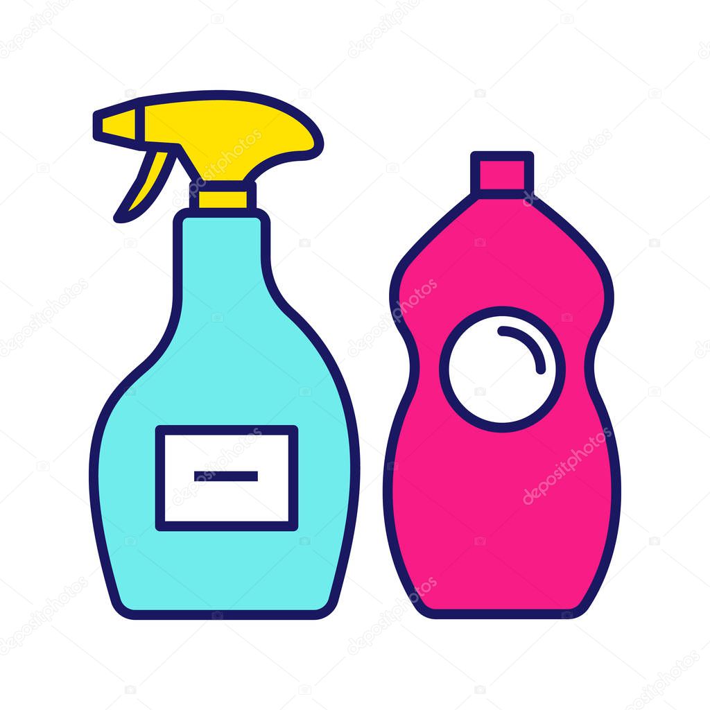 Cleaning chemicals color icon. Window cleaner, dishwash liquid. Cleaning products for bathroom, kitchen, toilet. Tile, shower tub cleaner. Isolated vector illustration