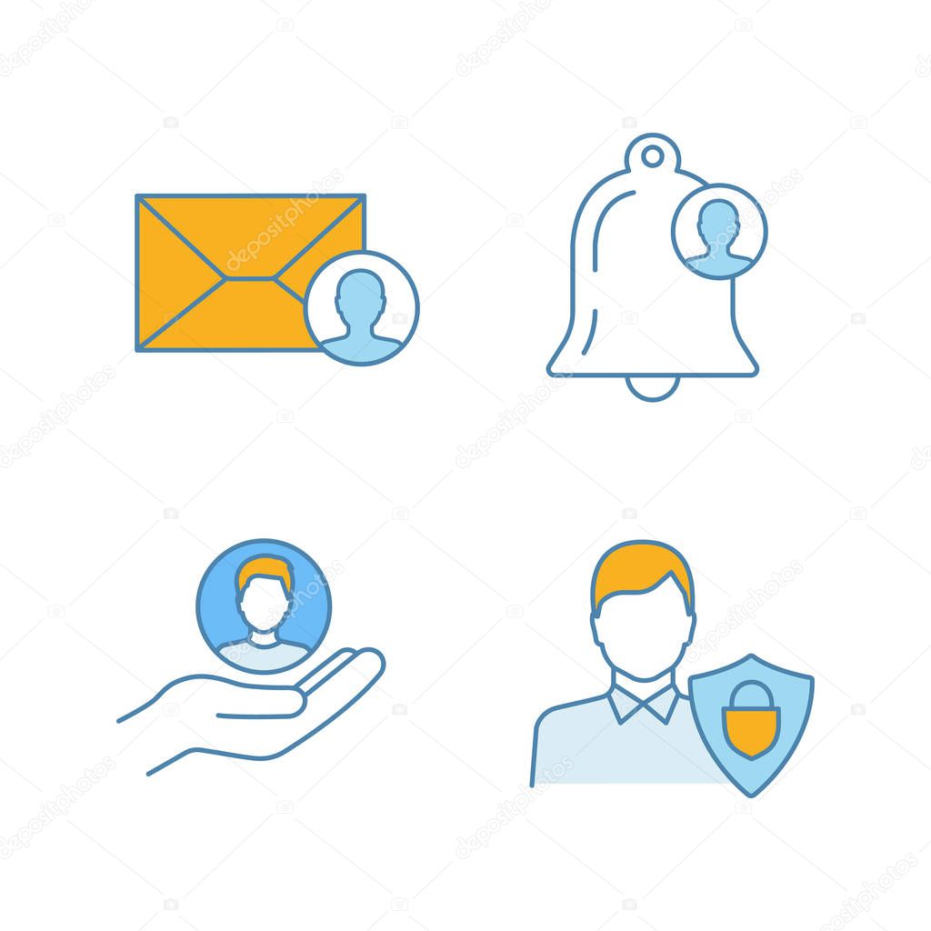 Customer retention and loyalty color icons set. Email targeting, customer notification, clients care service, user protection. Isolated vector illustrations