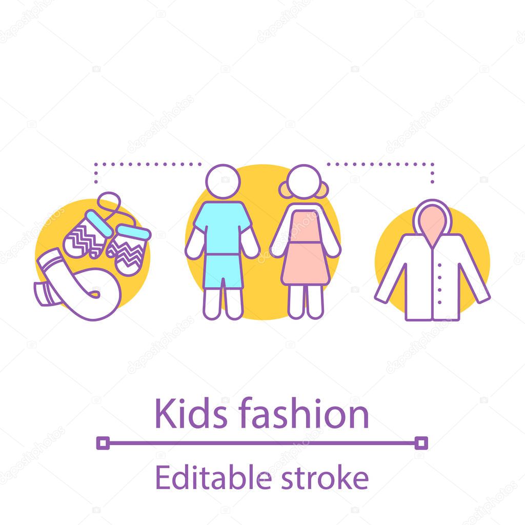 Kids fashion concept icon. Children clothes shop idea thin line illustration. Clothing store. Vector isolated outline drawing. Editable stroke