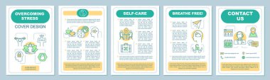 Stres broşür şablonu düzeni aşmak. Ruh sağlığı. Broşür, kitapçık, broşür baskı tasarımı. Psikolojik yardım. Stres ve depresyon önleme. Dergi, raporları, posterler için vektör düzenler